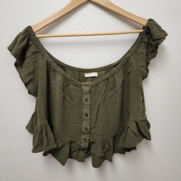 Full Tilt Army Green Off Shoulder Crop Top Blouse Ruffles Bohemian Womens Size S - Picture 1 of 6